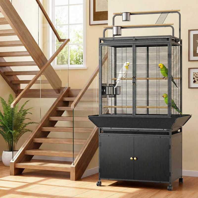 Spacieuse cage à oiseaux roulante avec plateau de jeu et armoire de rangement - cage de vol robuste en métal pour perroquet, ara, cockatiel, perruche - comprend support et roues - utilisation intérieure / extérieure - noir + noyer foncé, 75 x 46 x 182 cm