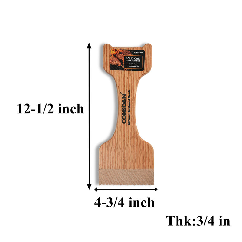 CONSDAN Grill Scraper, Solid Oak Grill Grate Cleaner, Grill Scraper for Outdoor Grill, Bristle Free