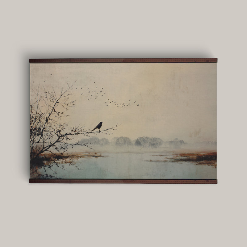 «Minimal Bird Landscape Tapisserie», reproduction d'art sur toile panoramique encadrée, H 40 po x l 60 po