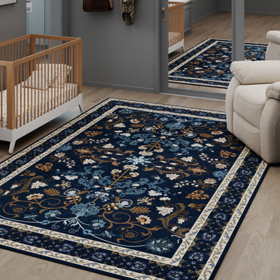 Tapis de salon bleu foncé de 5 pi x 7 pi Tapis lavable à la machine, tapis rétro antidérapant antidérapant pour chambre à coucher, tapis rétro patiné pour salle de classe, dortoir, salle à manger
