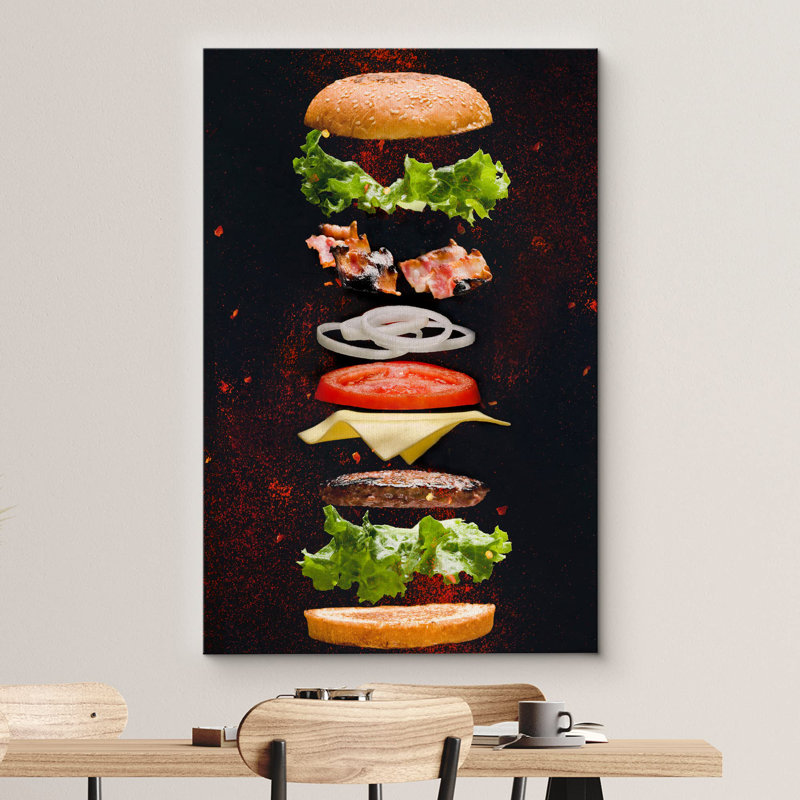 Cheeseburger, ingrédient flottant, explosion, nourriture, photographie culinaire, rustique moderne, H 48 po x l 32 po