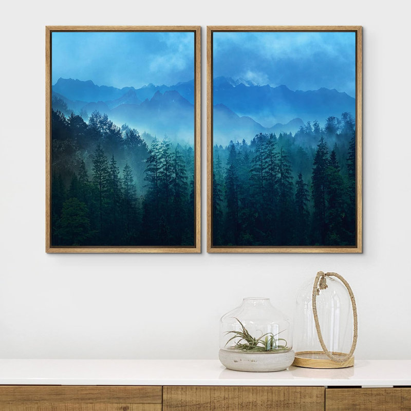 «Deep Blue Mountain Range Misty Forest Nature Rustic Landscape», impression sur toile, 2 pièces, Cadre naturel flottant