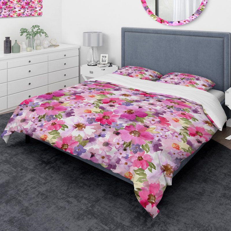 Ensemble de housse de couette designart aquarelle pianted fleurs, Housse de couette très grand + 2 taies décoratives