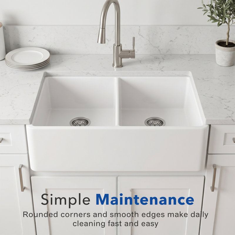 Platus 33 " L Undermount and Dual Mount Double Bowl Fireclay Kitchen Sink, White