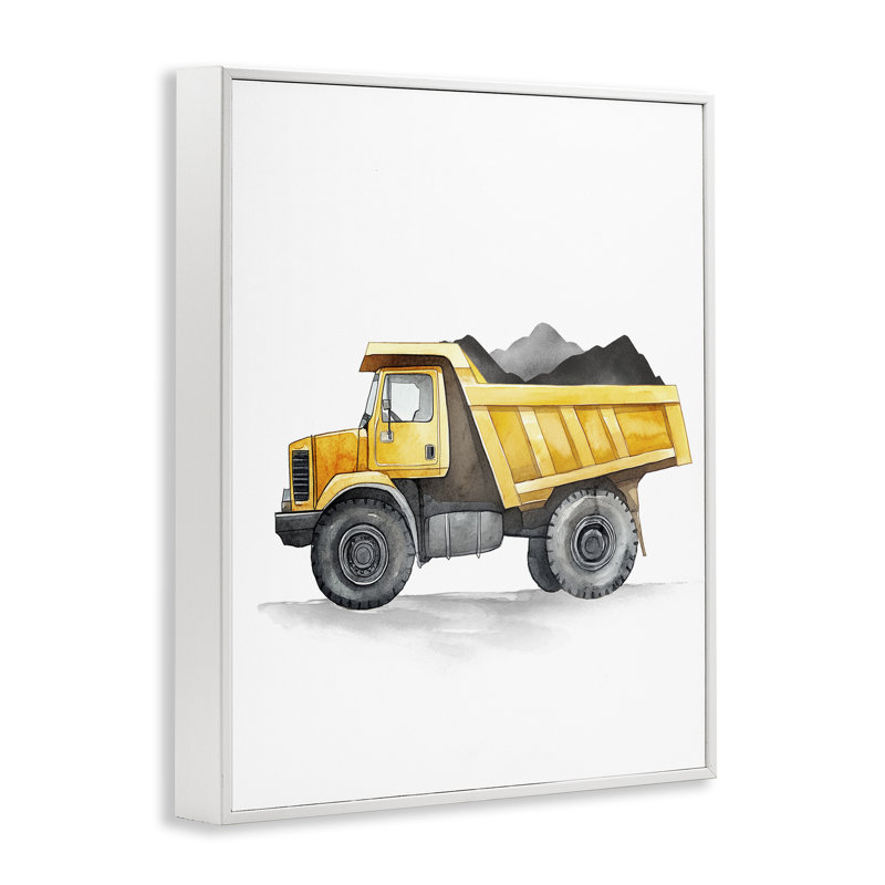 Camion à benne basculante jaune, H 14 po x l 11 po, Estampe numérique encadrée blanc bord de mer