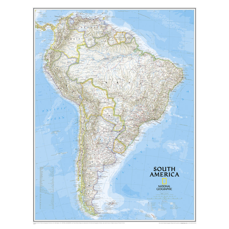 Carte murale classique de l'Amérique du Sud, Agrandie et stratifiée (36 po x 46 po)