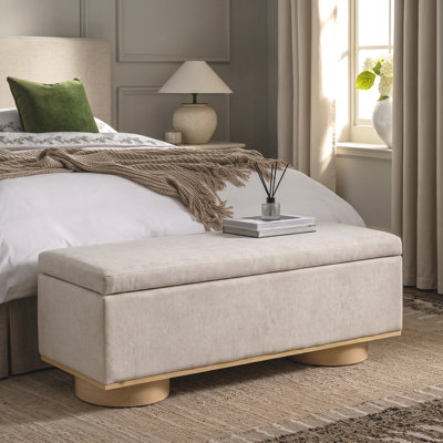 Yorke Modern Scandinavian Boucle Upholstered Storage Bench with Hidden Storage, Curved Wood Legs, End of Bed Bench for Bedroom & Entryway