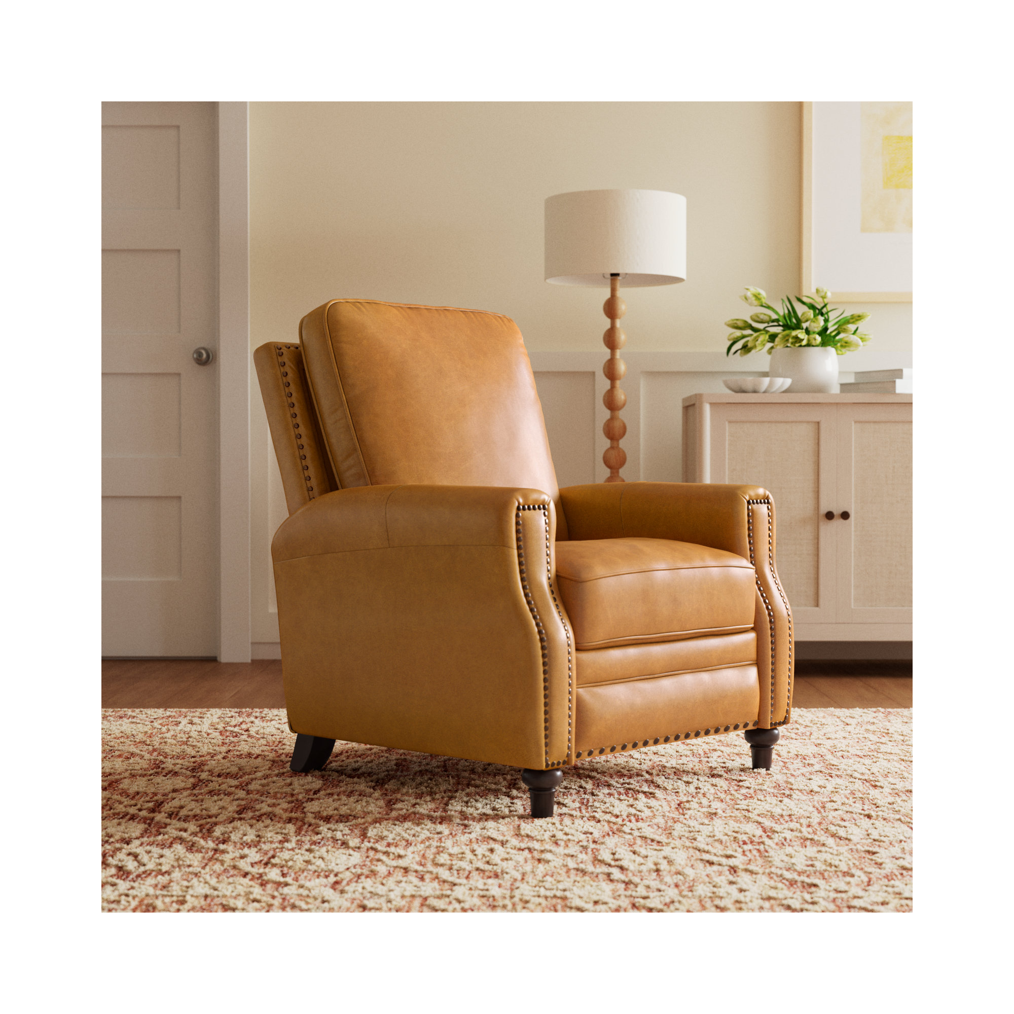 Andrena Genuine Leather Recliner with Nailhead Trim, Camel Top Grain Leather