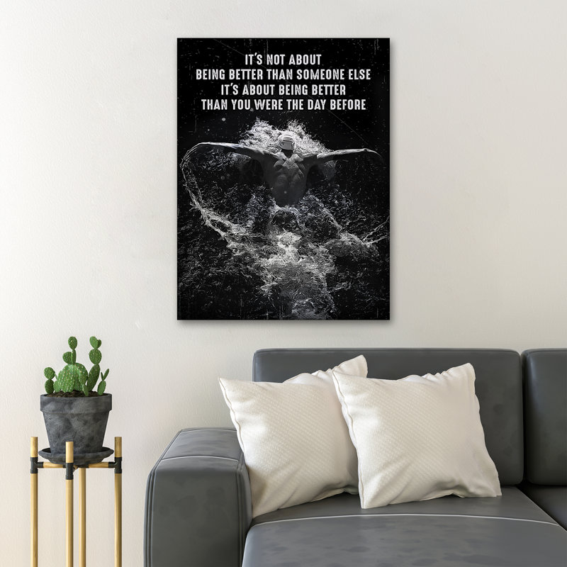 «Man Natation - It's Not About Being Better Than Someone Else Gallery Wraped Canvas - Sport Illustration Decor, Black Living Room Decor