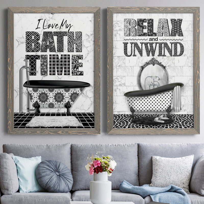 «Bath Time», ensemble de 2 encadrements d'art textuel sur toile, H 37,5 po x l 55 po x P 1,5 po, Toile avec cadre gris