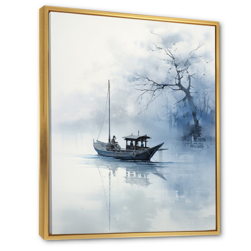 Art asiatique, bateau bleu - impression, H 20 po x l 12 po x P 1 po, Toile avec cadre flottant or