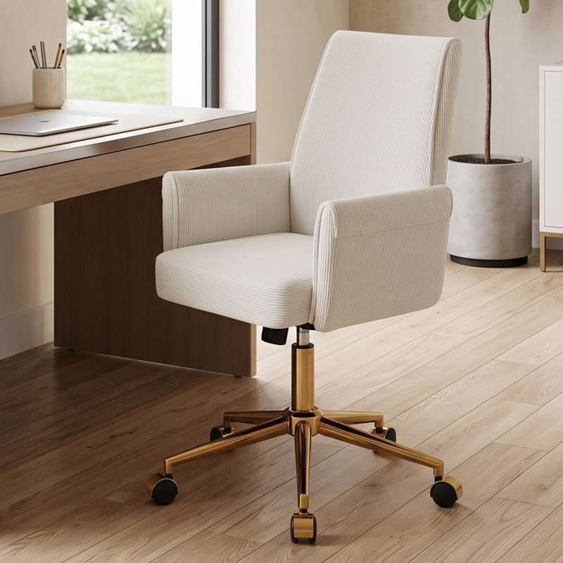 Chaise de bureau ergonomique à dossier moyen en velours côtelé avec base dorée et coussin en mousse viscoélastique, Blanc