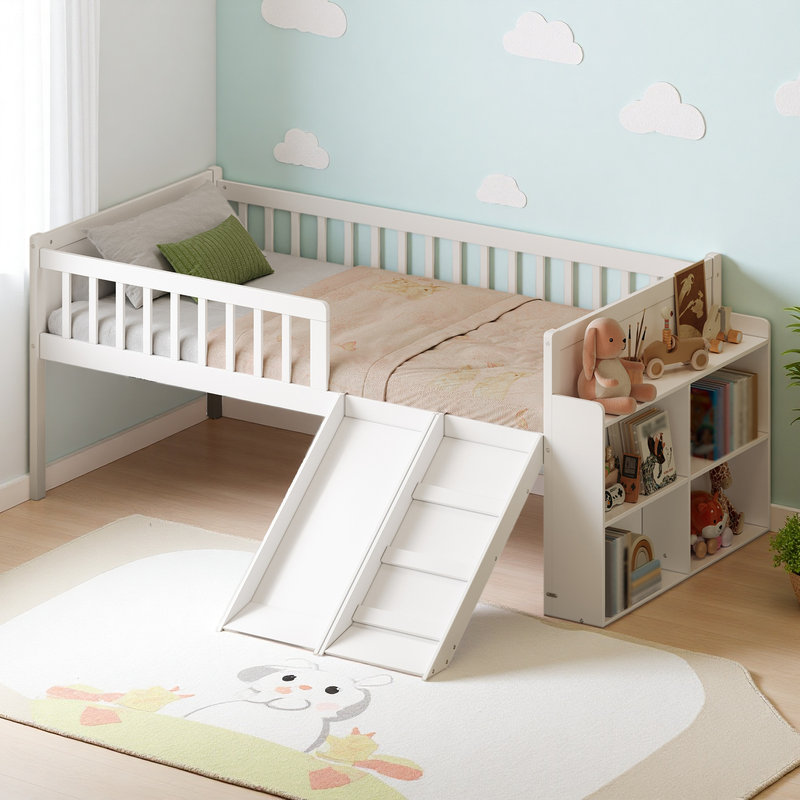 Kids Twin Bed, Kids Bed with Slide, White