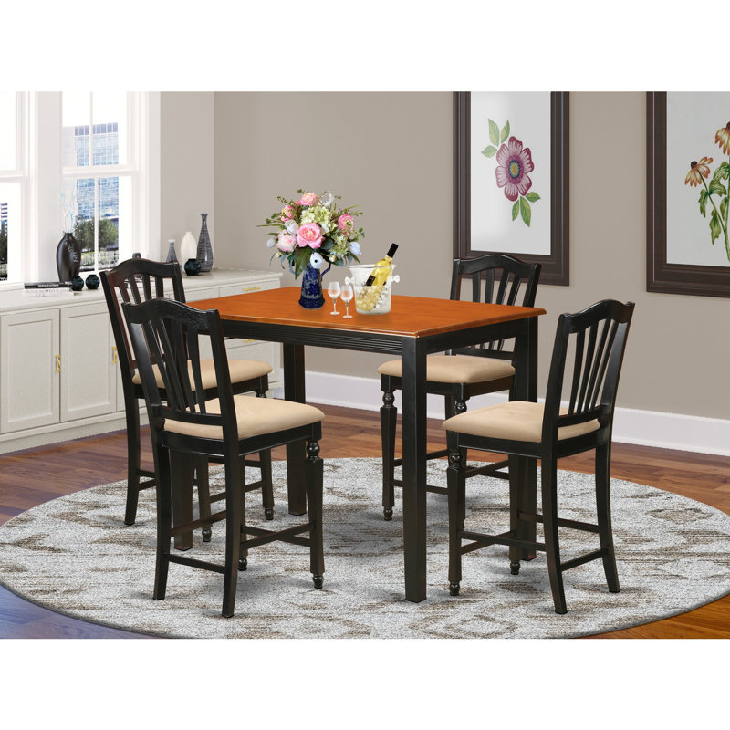 Ensemble de table de salle à manger à hauteur de comptoir 5 pièces comprenant une table de salle à manger rectangulaire et 4 chaises en tissu de lin, noir et cerise