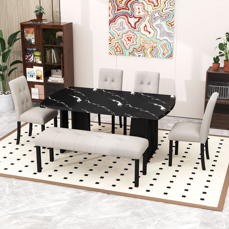 Ensemble de table de salle à manger 6 pièces avec table, banc rembourré et 4 chaises, Beige, Noir