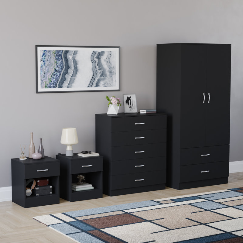 Tayce 4 Piece Bedroom Set (1 Drawer Bedside Chest X2, 5 Drawer Chest, 2 Door 2 Drawer Wardrobe), White