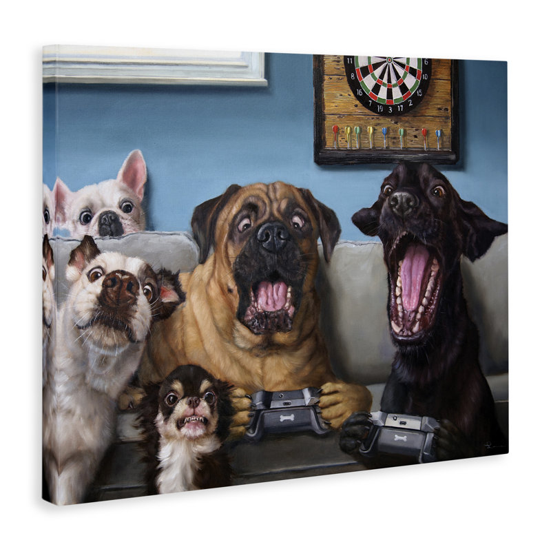 Drôles de chiens jouant à des jeux vidéo - Impression sur toile, H 16 po x l 20 po