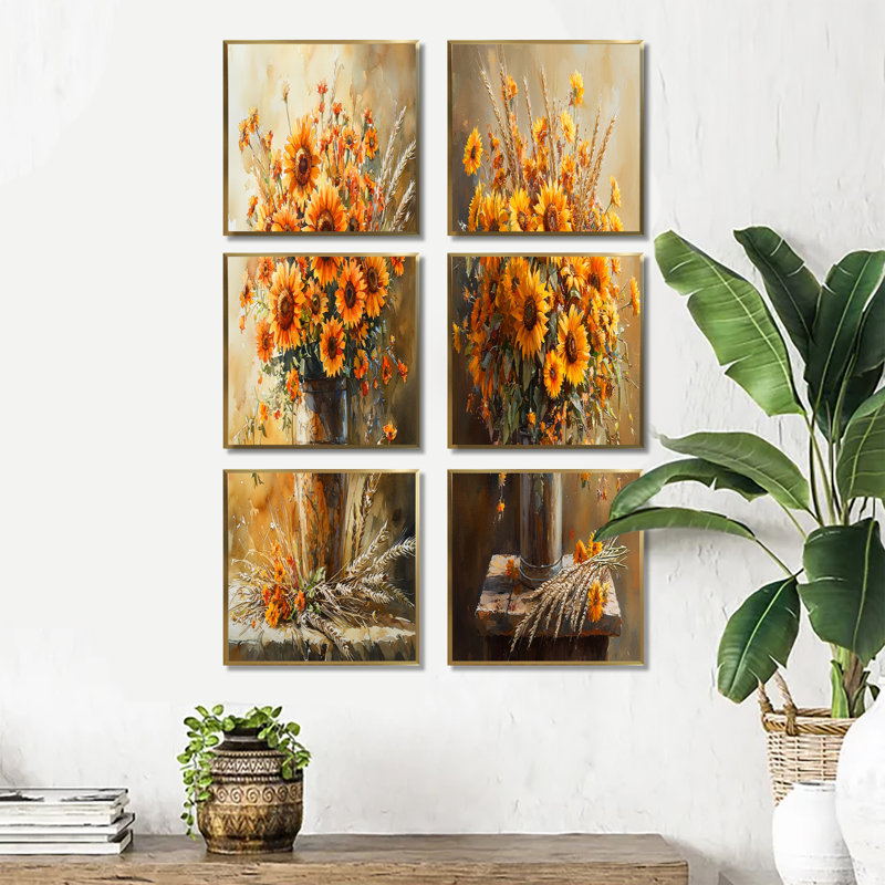 «Golden Hour Harvest Blooms», ensemble de 6 impressions murales florales, Impression encadrée sans passe-partout, Doré
