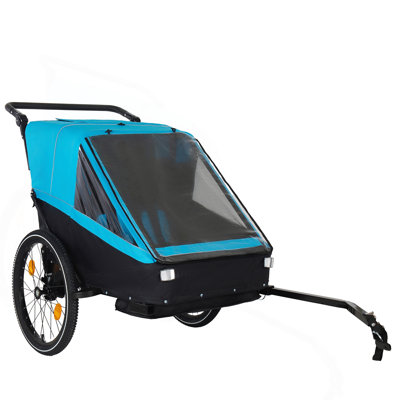 2 In 1 Kids Bike Trailer And Stroller For 1 To 2 Children, Jogging Function, Foldable Compact Storage With Universal Bike Hitch, 5-Point Harness And Storage Bags, Blue