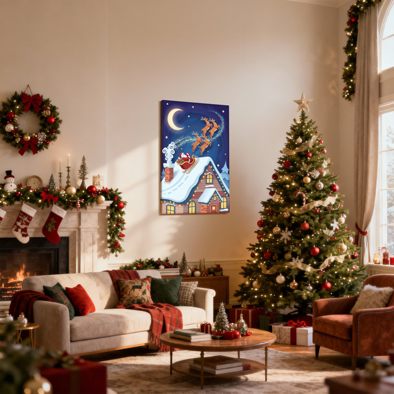 Ensemble de 3 impressions sur toile de Noël, père Noël survolant une maison avec renne, H 36 po x l 24 po