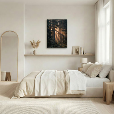 «Pine Trees with Golden Sunlight Through Mist», art mural sur toile