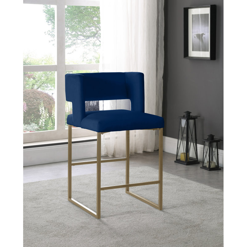 Caleb 26" Counter Stool, Brushed Gold, Navy Velvet
