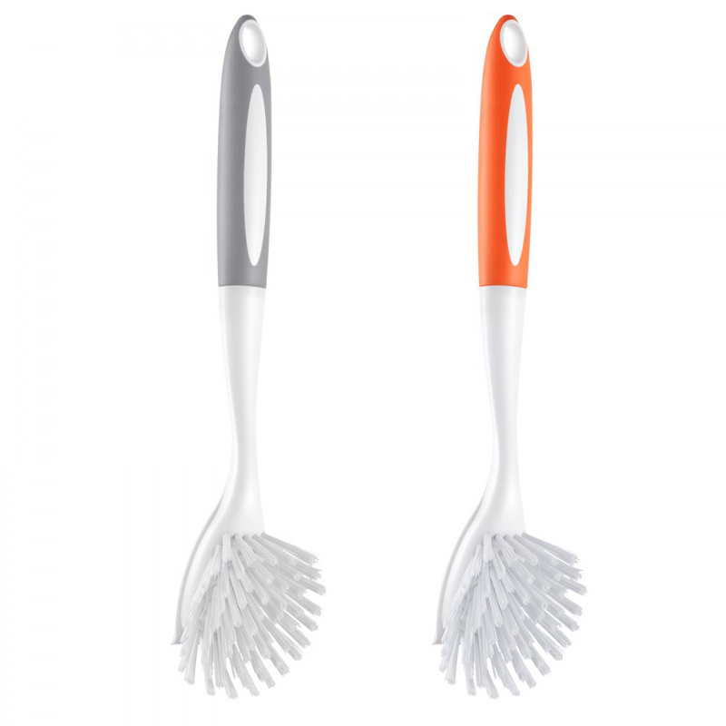 Brosse à vaisselle, brosses de cuisine avec poignée en PP, brosses à vaisselle avec poils courbés, idéales pour les casseroles, poêles, éviers et cuisinières, gris et orange
