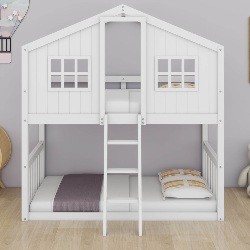 Twin Over Twin Size House Bunk With Ladder And Window,Wood Bunkbed W/Full-Length Guard Rail & Ladder,Slat Support, White