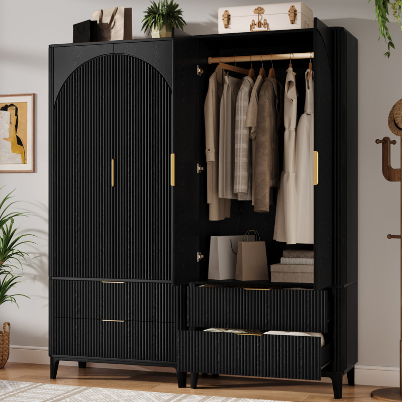 Armoire 2 portes avec 2 grands tiroirs et tringle, Noir, noir, noir, noir