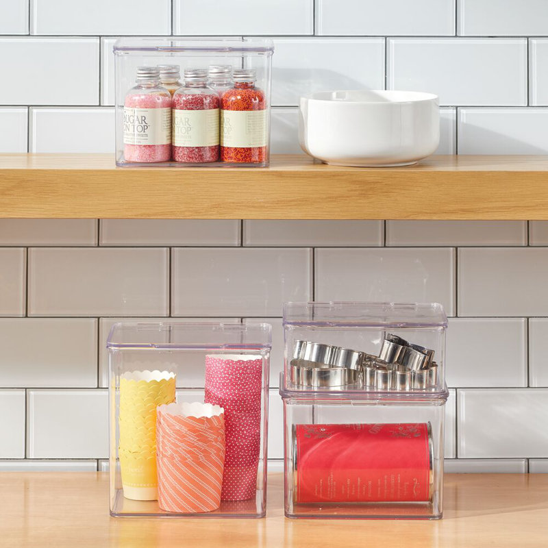 Clear Plastic Stackable Kitchen Pantry Organizer with Hinged Lid, 6 Pack