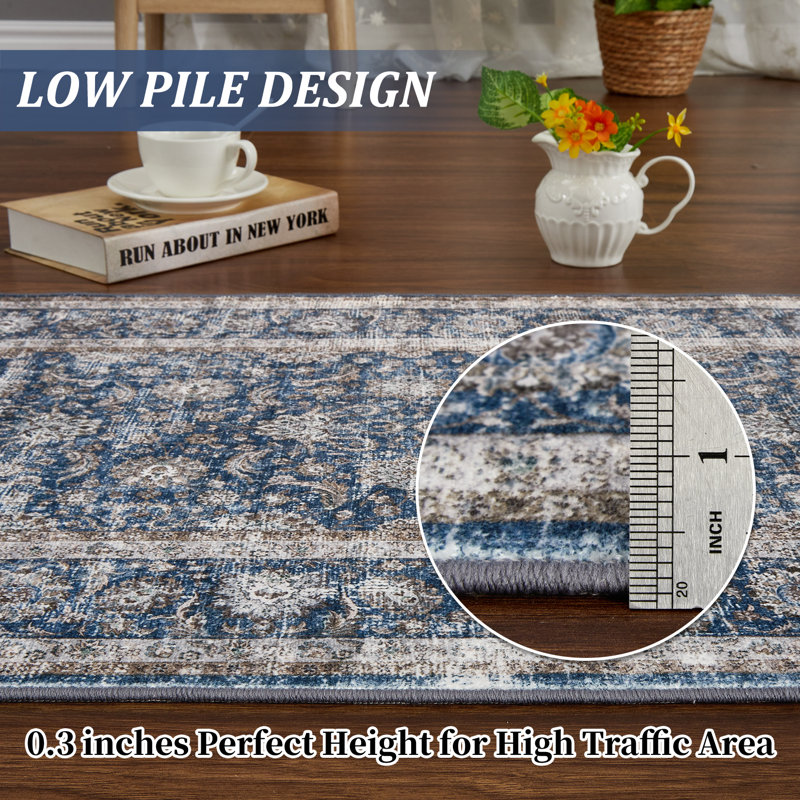 Boho Vintage Floral Area Rug - Machine Washable, Lightweight Thin Low Pile Retro Carpet for Living Room, Bedroom, Dining Room Home Office