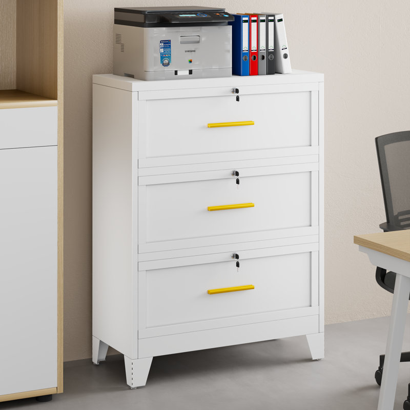 3 Drawer Metal Lateral Office File Storage Cabinet with Lock, 3-Drawer White