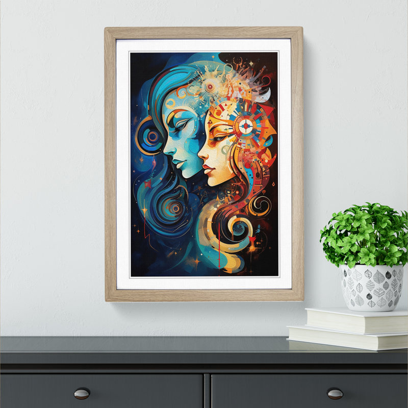 Gemini Zodiac Abstract - Single Picture Frame Print on Wood, 46cm H x 34cm W x 2cm D, Oak