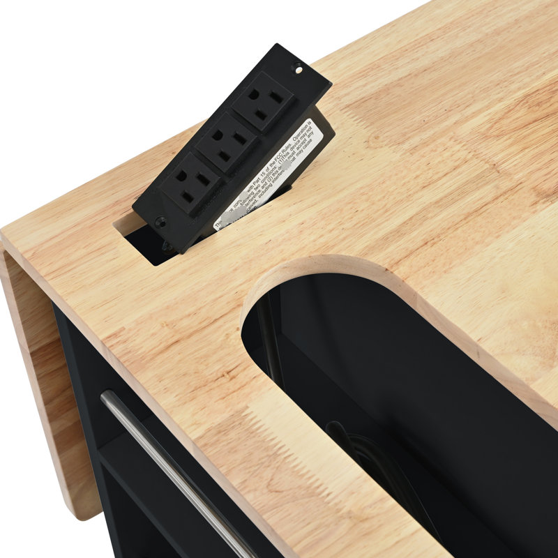 Îlot de cuisine avec prise de courant Noir Tablettes réglables, rangement pour le vin. Chariot de rangement pratique noir. Pliable, abattant, support