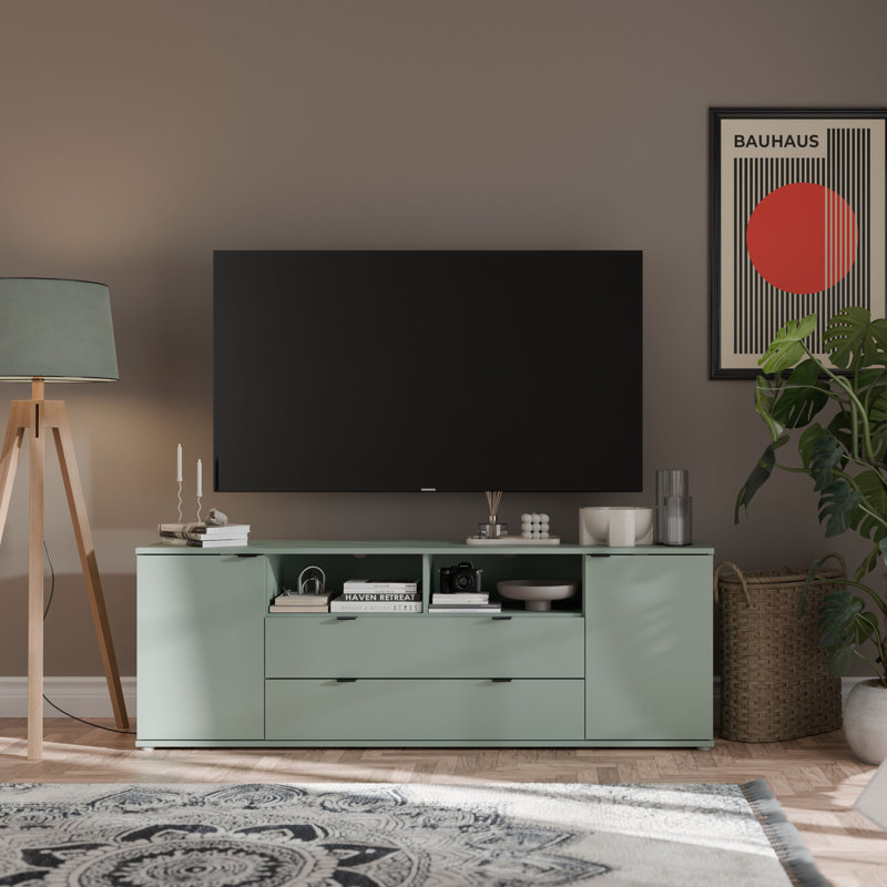 Ganymede Wide TV Unit with Open Shelving, 2 Drawers & 2 Doors, Sage Green