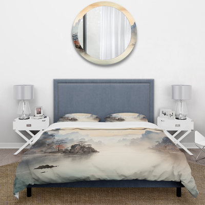 Grey Tranquil Chinese Landscape Serenity II - Landscapes Duvet Cover Set - Microfiber Polyester
