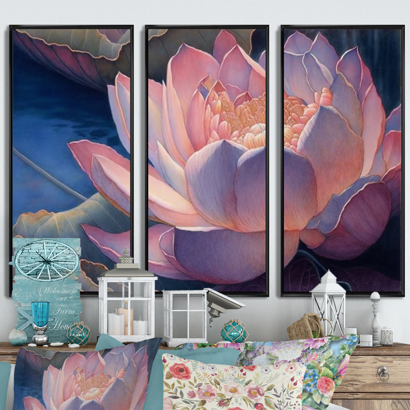 «Blossoming Pink Vintage Lotus I», reproduction sur toile 3 pièces, Toile encadrée noire, H 28 po x l 36 po x P 1 po