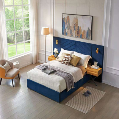 Velvet Bed Frame with Vertical Channel Tufted Wingback Headboard, Upholstered Platform Bed, Strong Wooden Slats, No Box Spring Needed, Easy Assembly