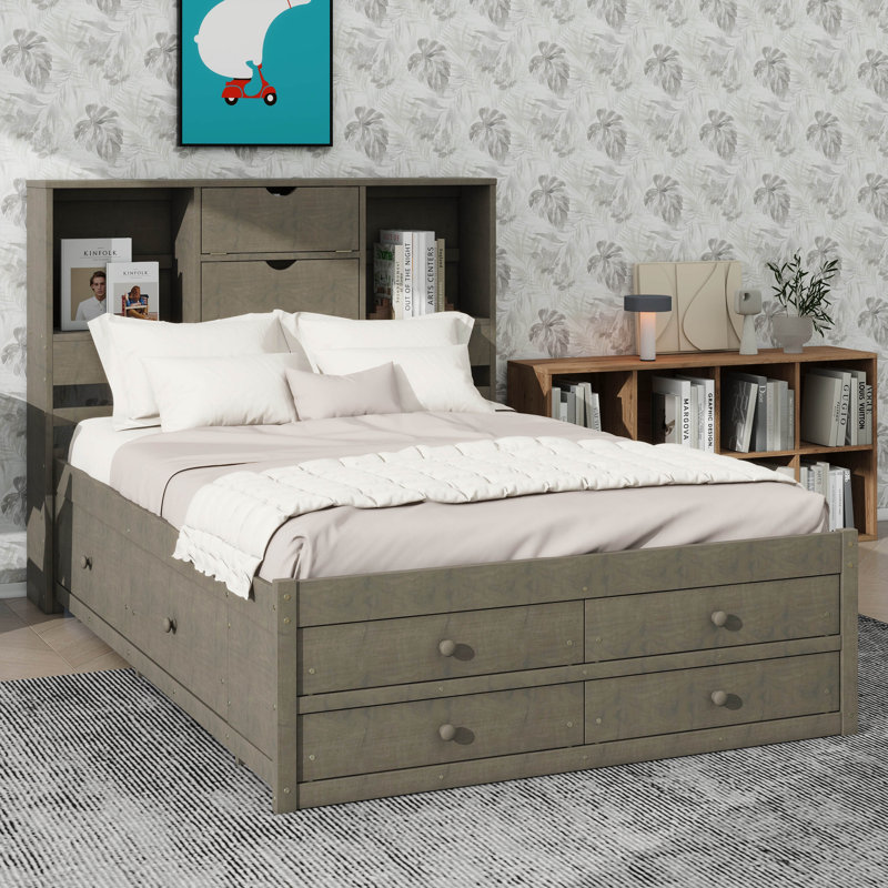 Grand lit plateforme avec tête de lit avec rangement et 8 tiroirs, Gris, Grand lit