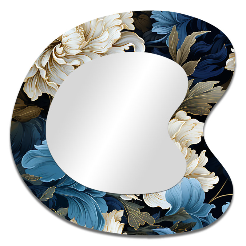 Astral Blue White Damask Radiance I - Miroir mural décoratif damassé bohémien, 33 po x 33 po