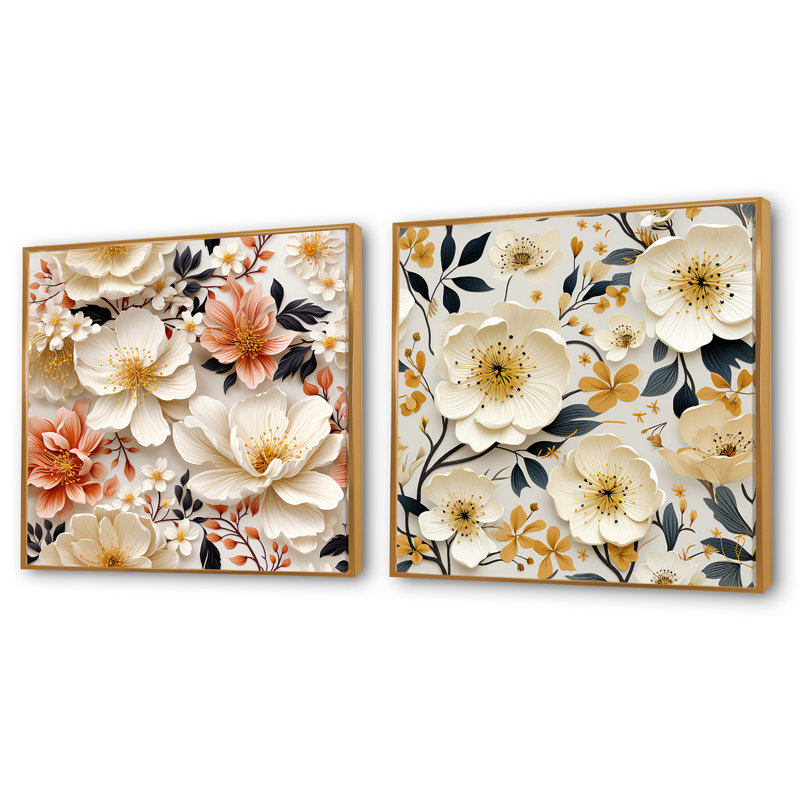 Trond - Ensemble de 2 collages floraux carrés, Cadre flottant doré, H 30 po x l 61 po