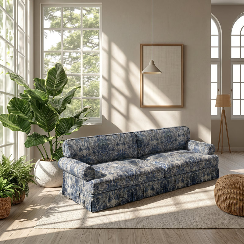 Canapé à accoudoirs roulés en tissu Oxford l 93,7 po x P 38,2 po x H 33,5 po Oxford, Blue Floral Chenille