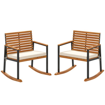 Outsunny Outdoor Rocking Chair Set Of 2, Acacia Wood Outdoor Rockers With Armrests, Cushion, Cream White