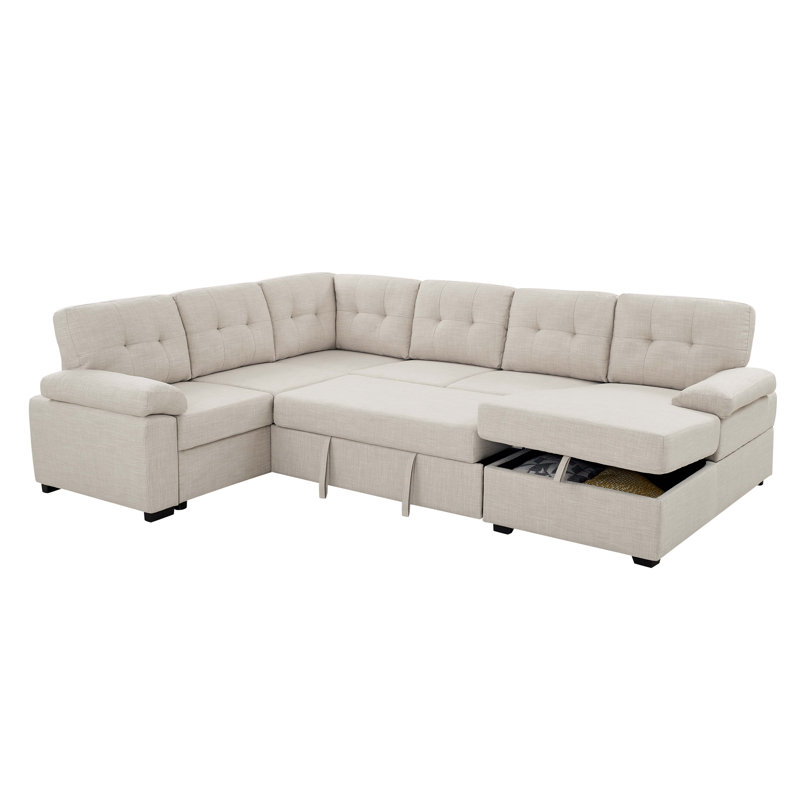 Upholstered U-Shaped Sectional Right Hand Facing, Almond Linen Blend