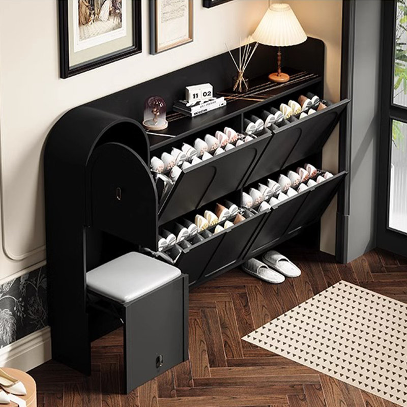 Vintage Style Arched Flip-Top Shoe Cabinet, Narrow Entryway Shoe Storage, Elegant Black, Space-Saving & Large Capacity