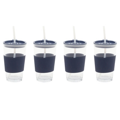 Gibson Homewares Mr. 4 Piece 15 Ounce Glass Tumbler with Lid and Straw in Blue