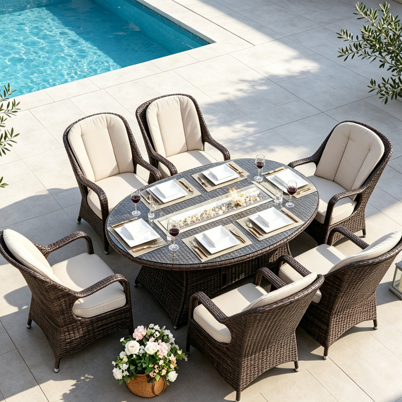 Carshalt 6 - Person Wicker Patio Dining Set with Oval Table , Cushions Included