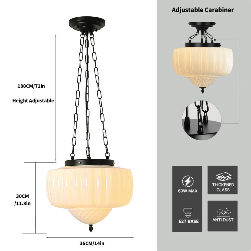 Large Milk Glass Pendant Light, White, Chain-Black