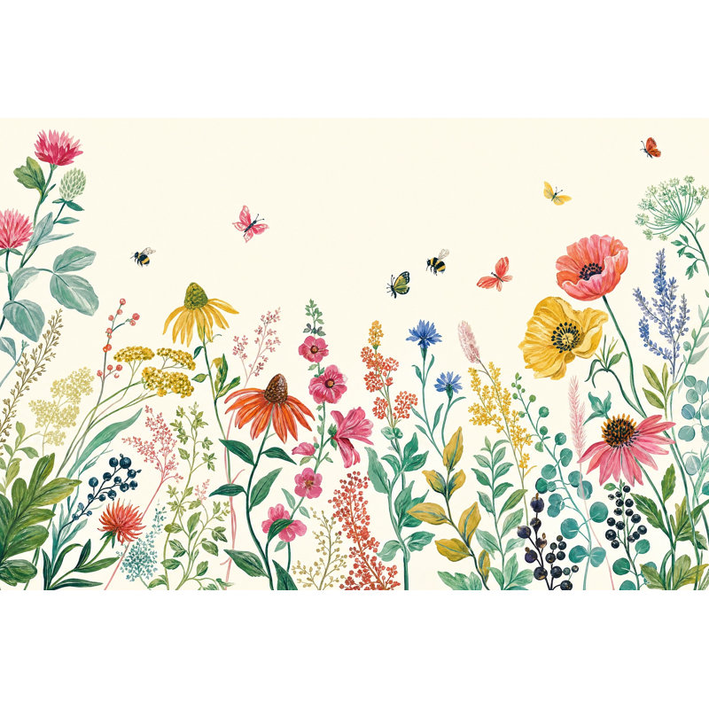 Papier peint aquarelle botanique « Prairie de fleurs sauvages », 100"x96", Peel and Stick