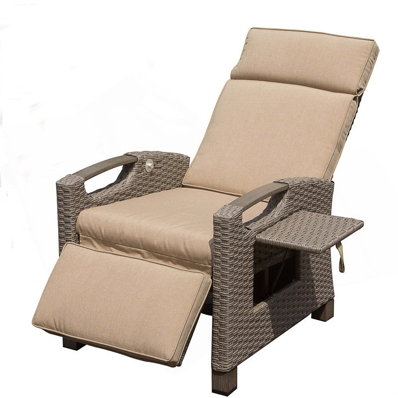 Adjustable Outdoor Recliner Chair With Built-In Table And Weather-Resistant Wicker, Blue, Brown